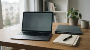 Notatnik i zamknięta teczka przy laptopie z przyciemnionym ekranem
