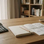 Kartki z wykresem finansowym, kalkulator i ołówek na jasnym biurku
